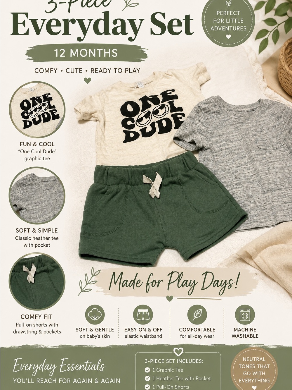 One Cool Dude 3-Piece Everyday Set - Green/Gray/Cream - Kids Accessories 12